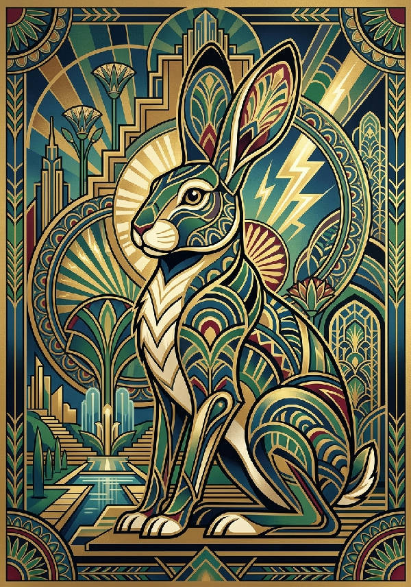 Abstrakt illustration av en kanin i Art Deco-stil med geometriska former och guldiga färger