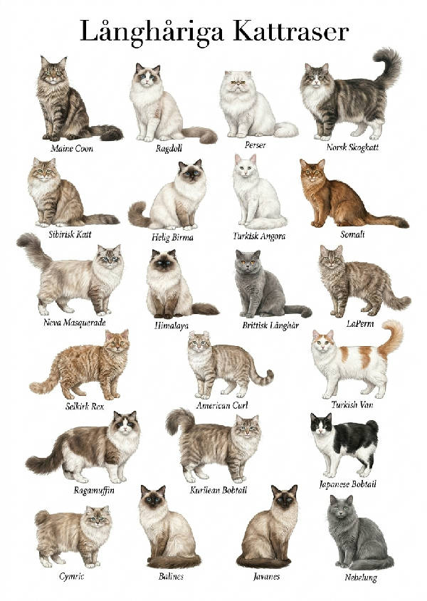 Detaljerad zoologisk illustration av över 20 långhåriga kattraser, inklusive Maine Coon, Ragdoll och Perser, på en ren vit bakgrund med svenska namn.