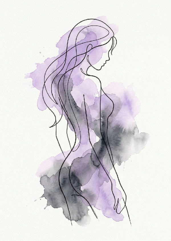 Elegant line art-teckning av en kvinnlig figur med mjuka lila akvarellstänk i bakgrunden. Minimalistisk och abstrakt väggkonst.