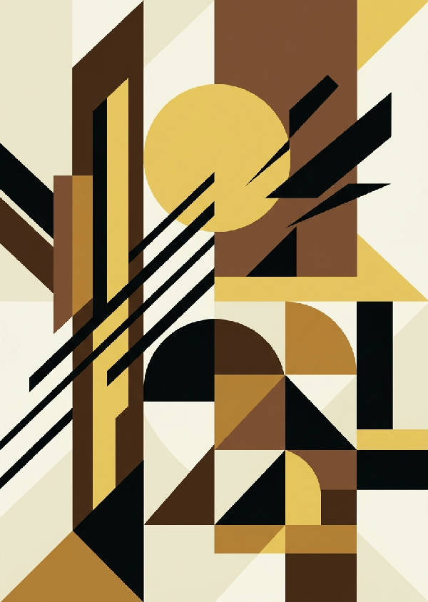 Abstrakt geometrisk design i Bauhaus-stil, skarpa linjer och former i svart och mörk valnötston. Minimalistiskt mönster i stående format.