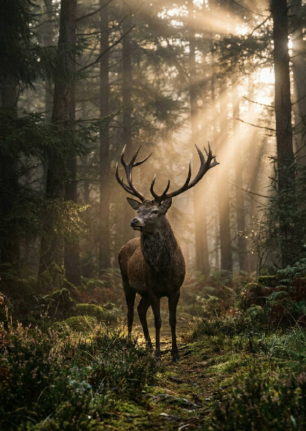 En majestätisk hjort står i en tät, dimmig skog med höga träd och mjukt ljus som filtreras genom dimman.