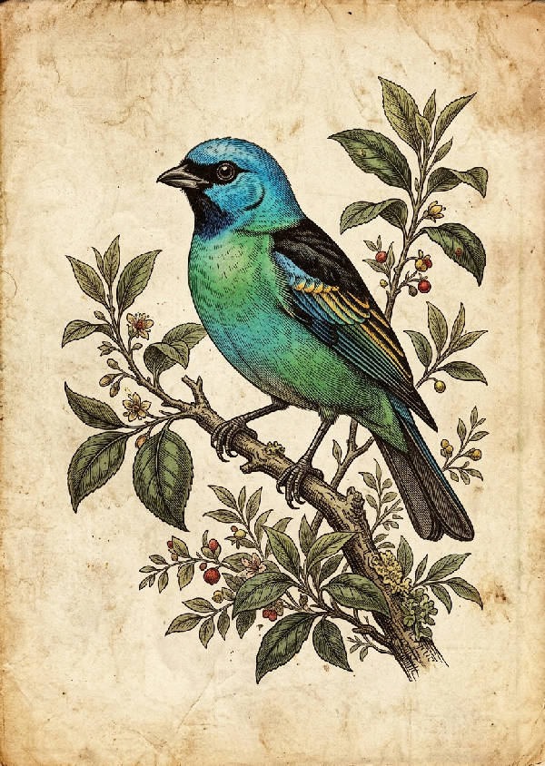 Detaljerad illustration i vintage-stil av en brun fågel med intrikata fjädrar och tecknade drag, placerad på en neutral bakgrund.