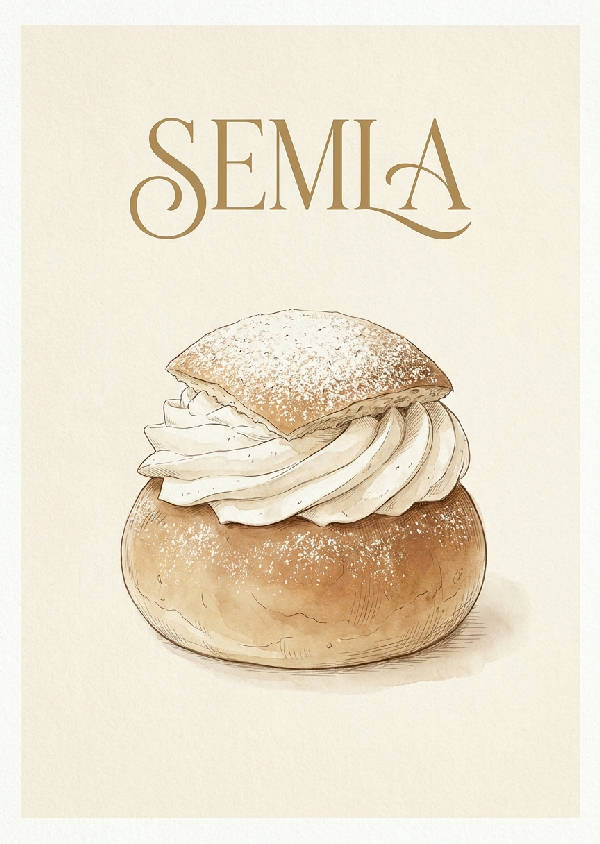 Delikat illustrerad semla med texten 'SEMLA' ovanför, i mjuk varma toner och raffinerat linjearbete på texturerat papper, stående format.