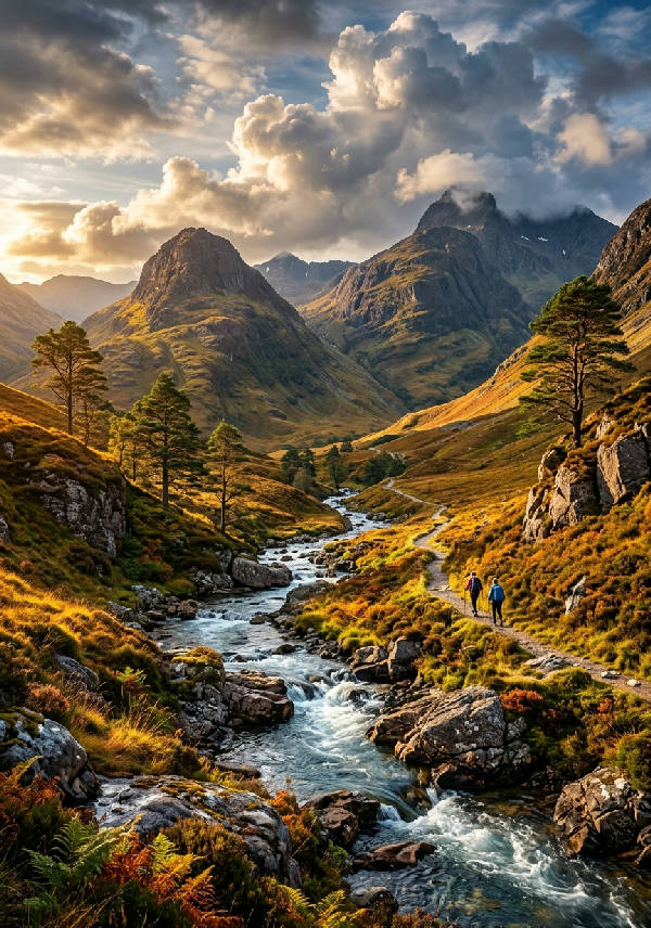 En lugn skogsstig kantad av höga, gröna träd i ett mjukt, diffust ljus.