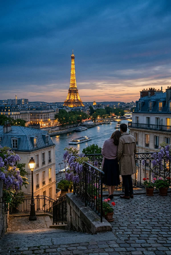 Romantisk Paris-arkitektur med Eiffeltornet synligt i bakgrunden i mjuka blå nyanser, vertikal orientering