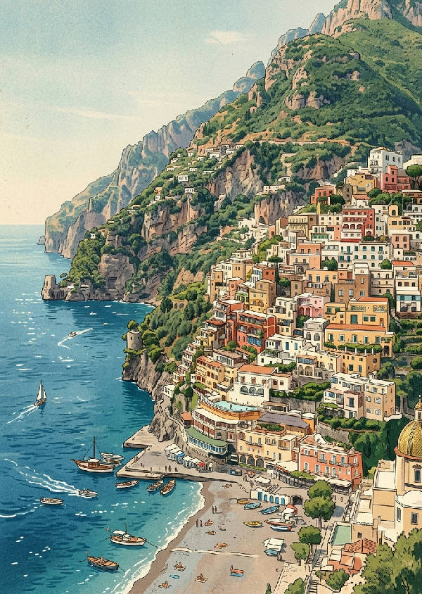 Vintage resaffisch med motiv från Amalfikusten i Italien med dramatiska klippor och djupblått hav i retrostil.