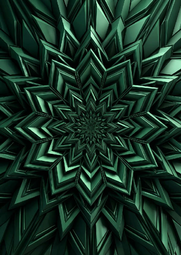 Detaljerad geometrisk fractal mandala i toner av djup jadegrön och mörk kromgrön med skarpa, upprepande strukturer som expanderar utåt.