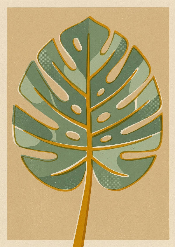 Grön Monstera-planta med stora, stilrena blad i en porträttorienterad Mid-Century Modern-design. Minimalistisk illustration av en tropisk växt på ljus bakgrund.
