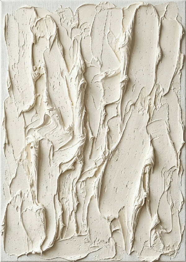Detaljerad monokrom vit impasto-struktur med synlig penseldrag och djup, skapar en sofistikerad 3D-känsla.