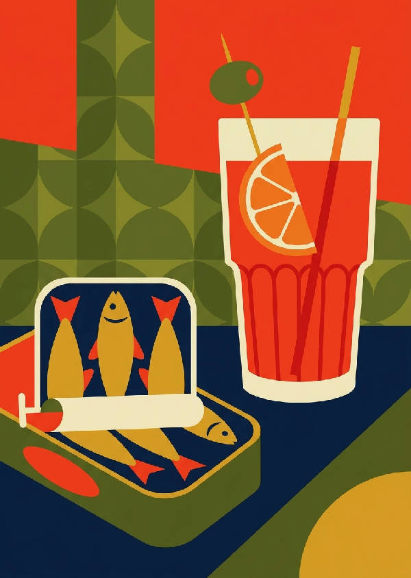 Mid-century modern aperitivo med sardiner, orange spritz, oliv. Platta vektorformer i retro rött, grönt, guldgult, marinblått.