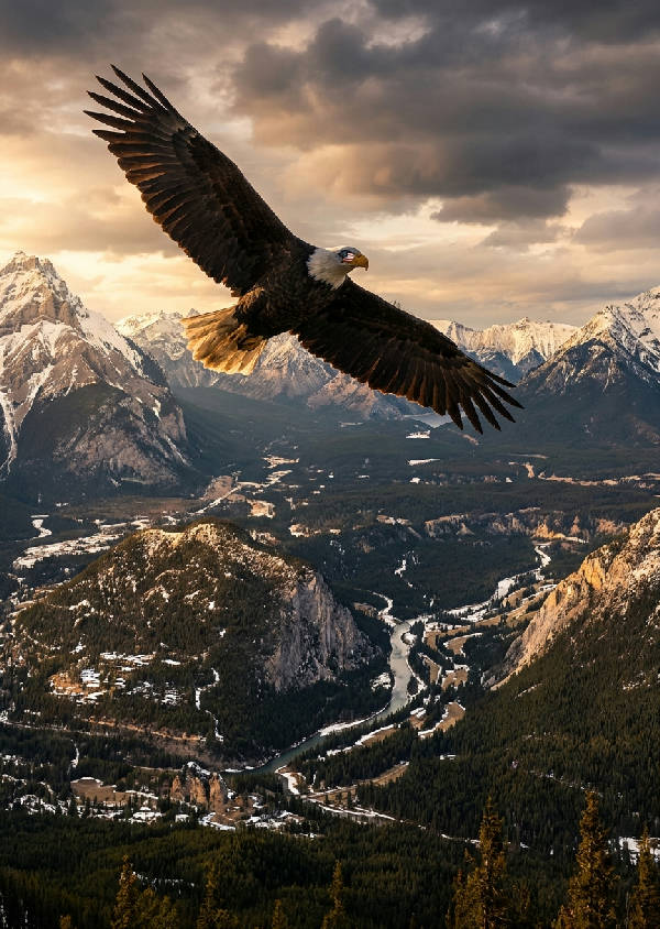 Hyperrealistisk bild av en ensam vithövdad havsörn som svävar över snötäckta Klippiga bergen i gyllene timmen, med amerikanska flaggan reflekterad i dess öga.