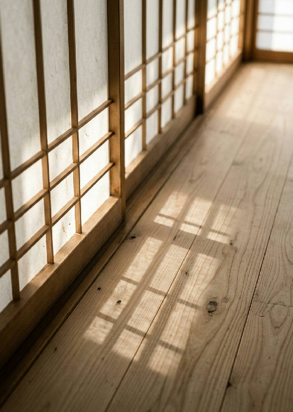 Närbild av en shoji-skärm som filtrerar solljus, skapande ett mönster av ljus och skugga