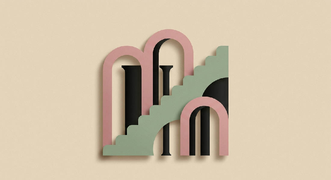 Abstrakt Bauhaus arkitektur. Dammrosa valv, salviagröna pelare, mattsvarta detaljer, mjuka skuggor på varm beige bakgrund.