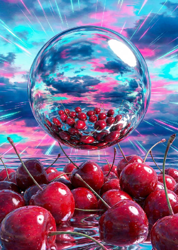 Massiv, blank kromkula över överdimensionerade röda körsbär. Förvrängd virvlande sommarhimmel med utdragna moln. Futuristik Y2K stil.