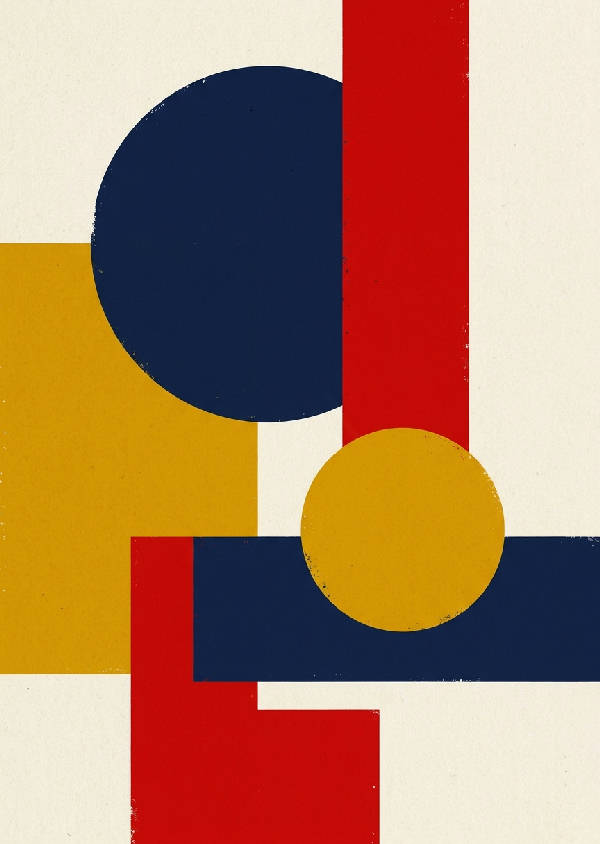 Abstrakt geometrisk komposition i Bauhaus-stil med svarta former mot en ljus bakgrund.