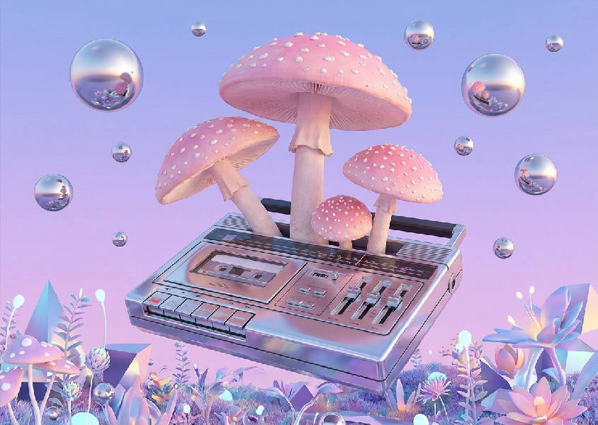 Surrealistiskt digitalt collage med pastellrosa svampar som växer ur en retro kromad kassettspelare under lila himmel.