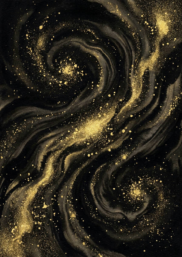 Traditionell bläckillustration av en virvlande kosmisk nebulosa med stjärnhopar och guldfärgade stänk.