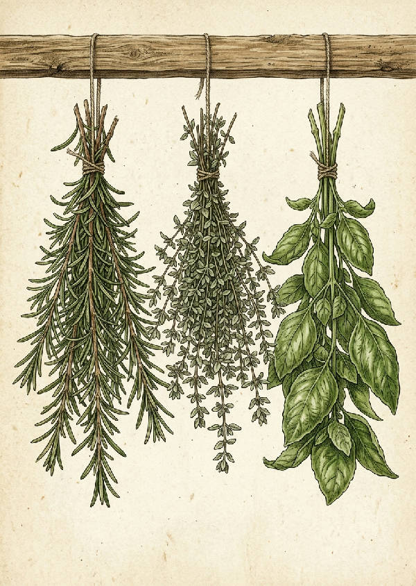Detaljerad botanisk illustration av färska hängande örter med rötter och bladverk i naturliga toner