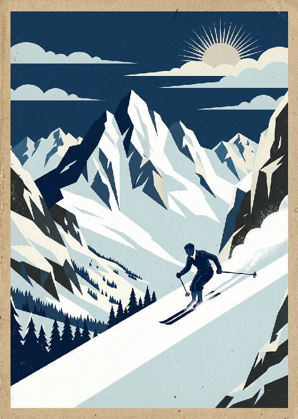 Vintage art deco resaffisch som föreställer snöklädda alptoppar i djupa blå nyanser med retrostil.