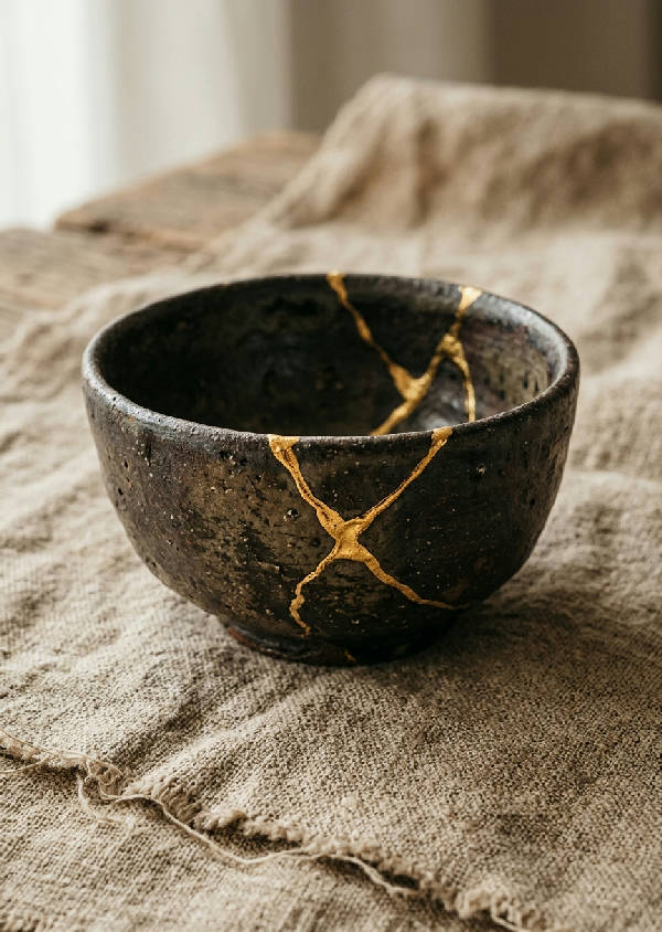 Närbild på kintsugi-keramik i vitt och guld med synliga sprickor reparerade med guld. Bakgrund av ljus linnestruktur. Vertikalt format.