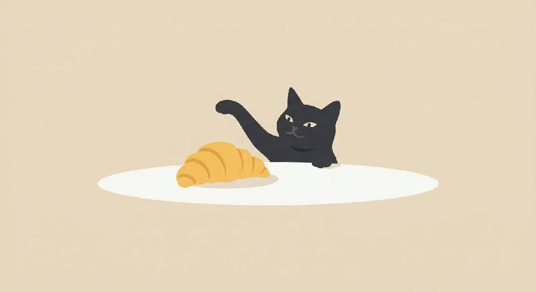 Minimalistisk flat vektorgrafik av svart katt som sträcker sig efter en gyllene croissant på ett vitt bord, med beige bakgrund.