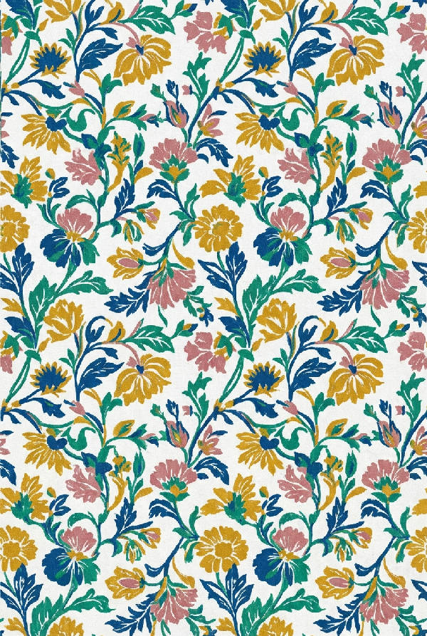 Vibrant and colorful floral patterns on a white background, using only four distinct tones, portrait orientation