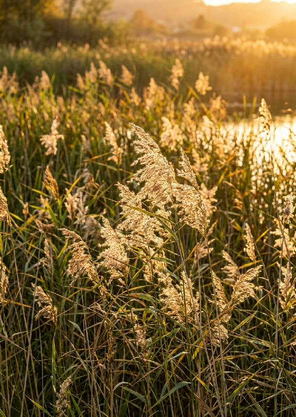 Närbild av höga vassstrån som glittrar i varmt, gyllene solljus mot en mjukt oskarp bakgrund i en minimalistisk botanisk scen.