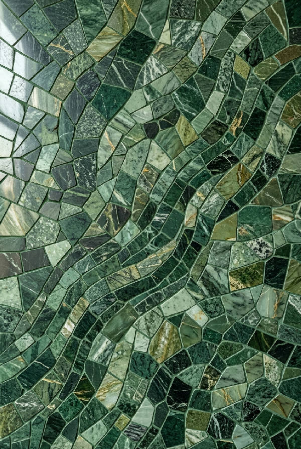 Närbild av ett mönster av gröna marmorplattor arrangerade i en detaljerad mosaik.
