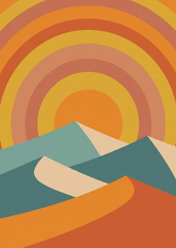 Stående poster med en stiliserad solnedgång över geometriska sanddyner i platt vektorkonst.