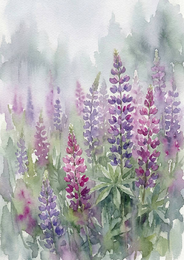 Impressionistisk akvarellmålning föreställande täta klasar av vilda lila och rosa lupinblommor i en dimmig äng under morgonljus.