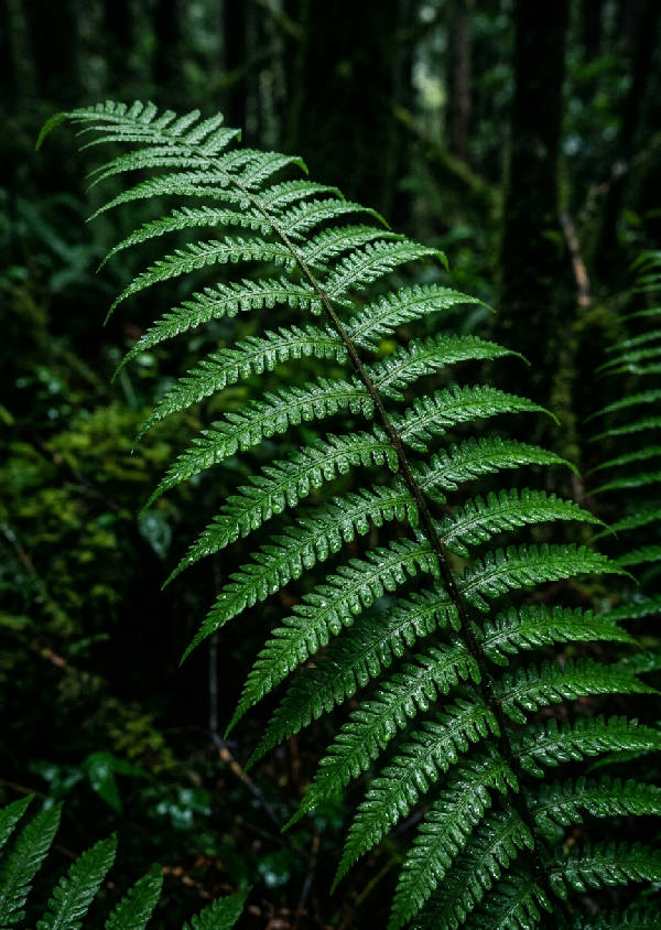 Närbild av en mörkgrön ormbunke med tydliga bladstrukturer och en naturlig skärpa i porträttformat