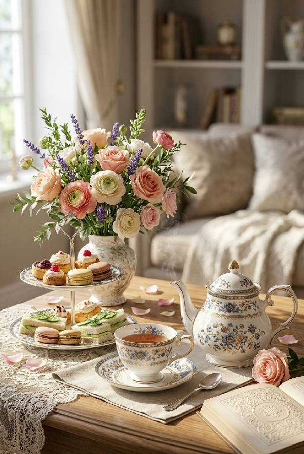 Konstnärlig illustration som visar ett elegant stilleben med en tekopp och delikata rosa blommor.