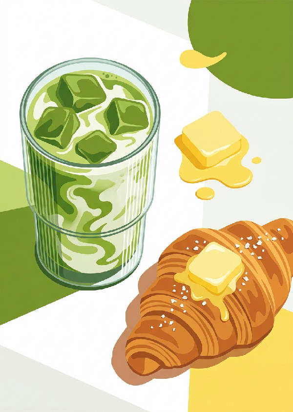 En lekfull illustration i platt design av en ismatcha-latte och en smörig croissant från ovan