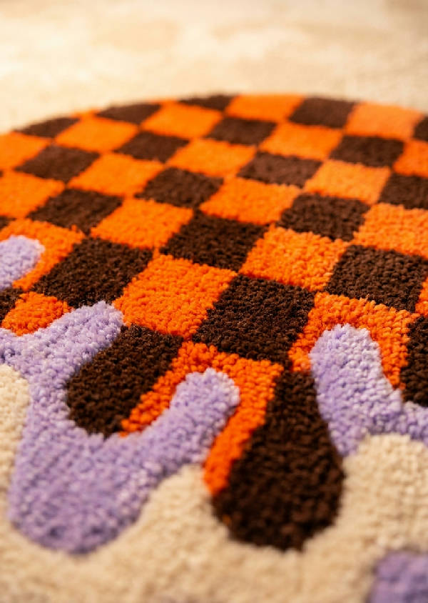 Makrofotografi av en tjock, mjuk tuftad matta med smältande rutmönster i orange, lavendel, kräm och brunt, med fokus på individuella garnfibrer och mjuk ludd.