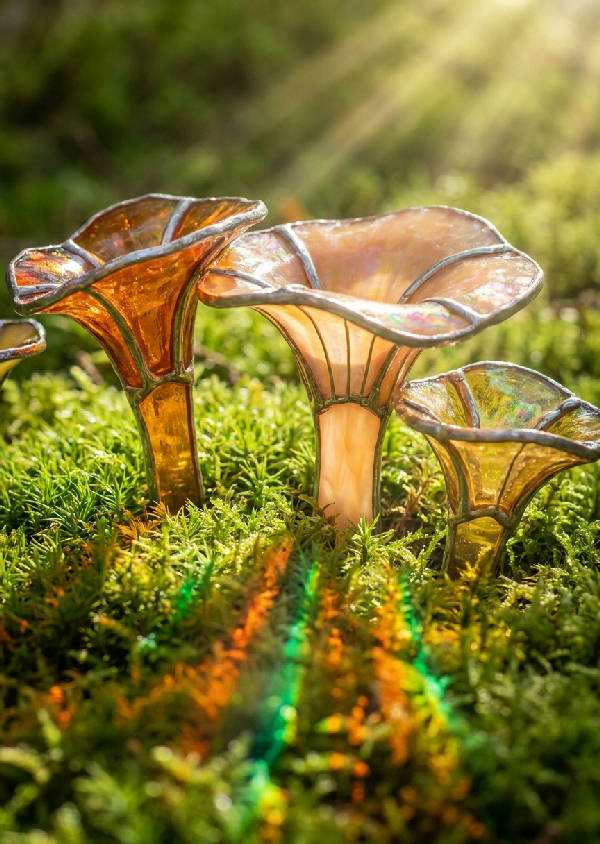 Makrofotografi av kantarellsvampar i genomskinligt målat glas, med solljus som bryts genom glas och skapar prismor på mjuk skogsmossa.
