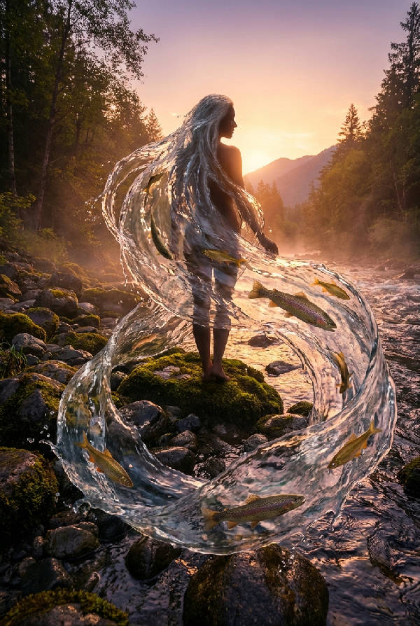 Hyperrealistisk bild av en kvinna med långt, flödande hår av levande flodvatten med fiskar i, stående vid en klippig flodbank i gyllene timmen, där vattenhåren smälter samman med floden nedanför.
