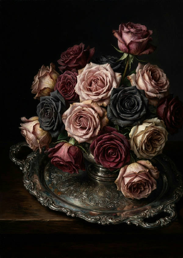 Mörkt oljemåleri av en bukett rosor med vissnande kronblad på en ornamenterad silverbricka, chiaroscuro