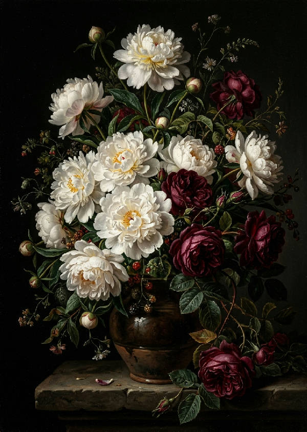 En dramatisk bukett av vintageblommor i rika, mörka toner mot en skuggig bakgrund, i stående format.