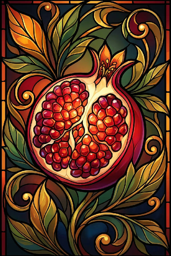 Vertikal Art Nouveau-illustration av ett halved granatäpple med lysande frön, omgivet av stiliserade botaniska blad, med tjocka svarta linjer som imiterar målat glas. Ruby röd, ljus bärnsten, djupt skogsgrön och obsidian svart.