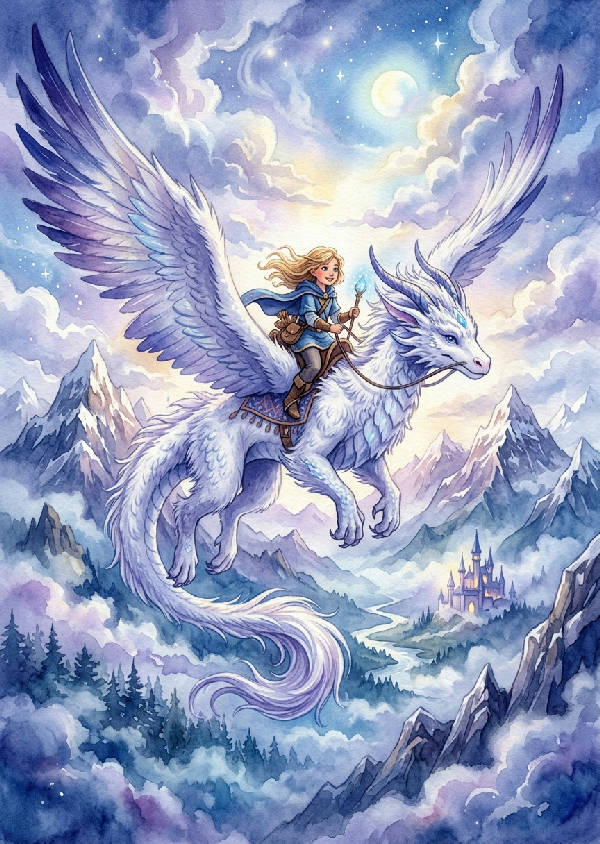 Ett barn med ljust hår rider på ryggen av en stor, fluffig och majestätisk lila drake mot en mjuk bakgrund.