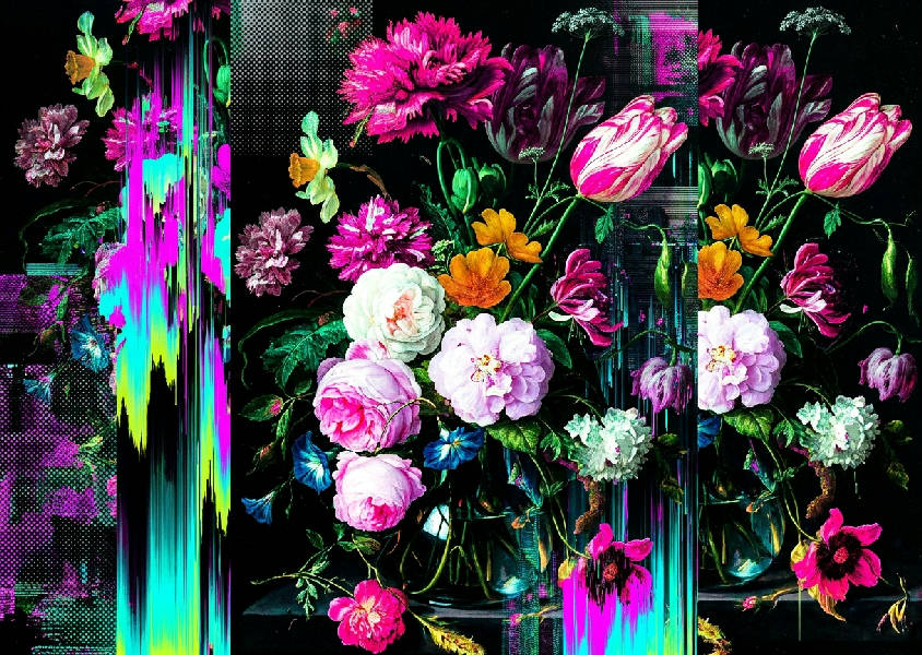 Glitch konst blomsterkollage med frakturerade tulpaner och pioner; neon magenta, elektrisk cyan, svart, chartreuse.