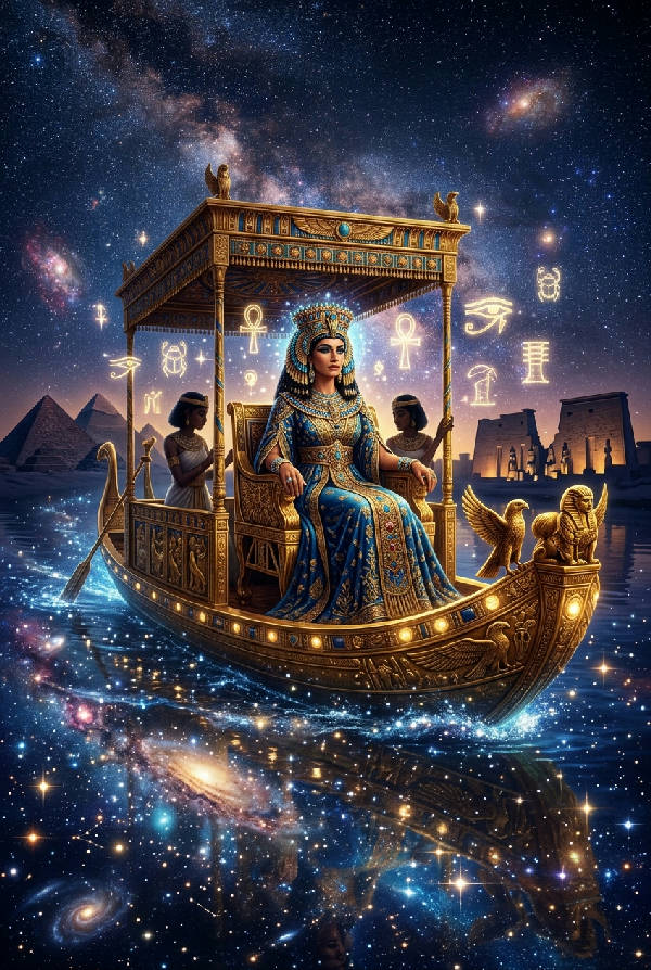 Porträtt illustration av Cleopatra på en gyllene farkost på en rymdflod med stjärnor och egyptiska symboler