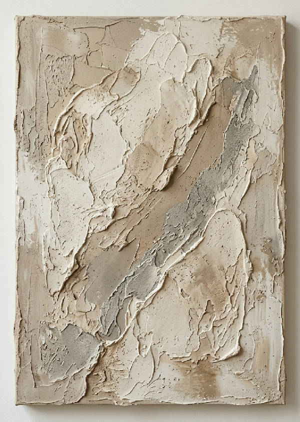 Närbild av abstrakt, minimalistisk konst med en gipstextur i varma beiga och sandfärgade toner.