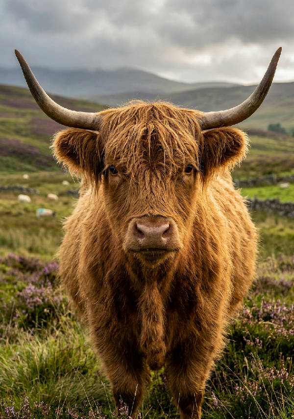 Närbild av en lurvig Highland ko med lång päls i naturlig miljö, detaljerad djurillustration