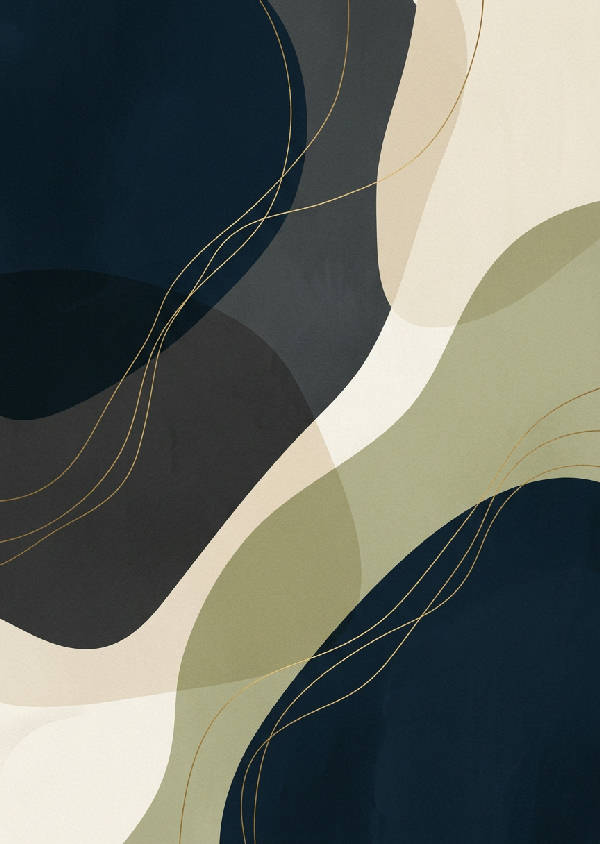 Abstrakt minimalistisk konst, överlappande organiska former i salviagrön, terrakottaorange, mjuk beige, eleganta tunna böjda linjer, jordnära neutrala toner