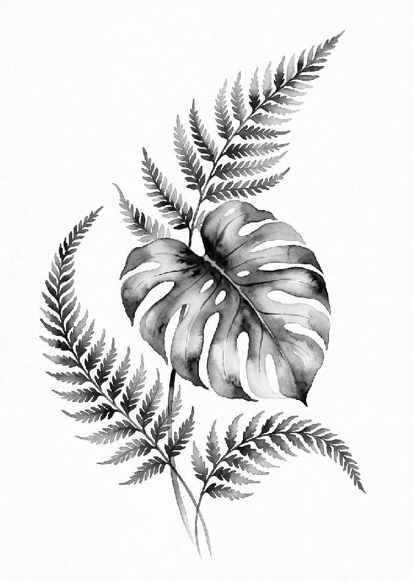 Närbild av en monokrom monstera växt illustrerad i akvarellstil med mjuka gråa och svarta toner på en ljus bakgrund, i porträttformat.