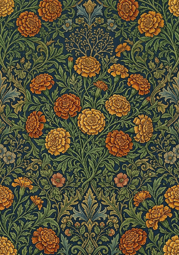 Detaljerad illustration av afrikansk ringblomma i intrikat William Morris-stil med blad och stjälkar i gröna nyanser