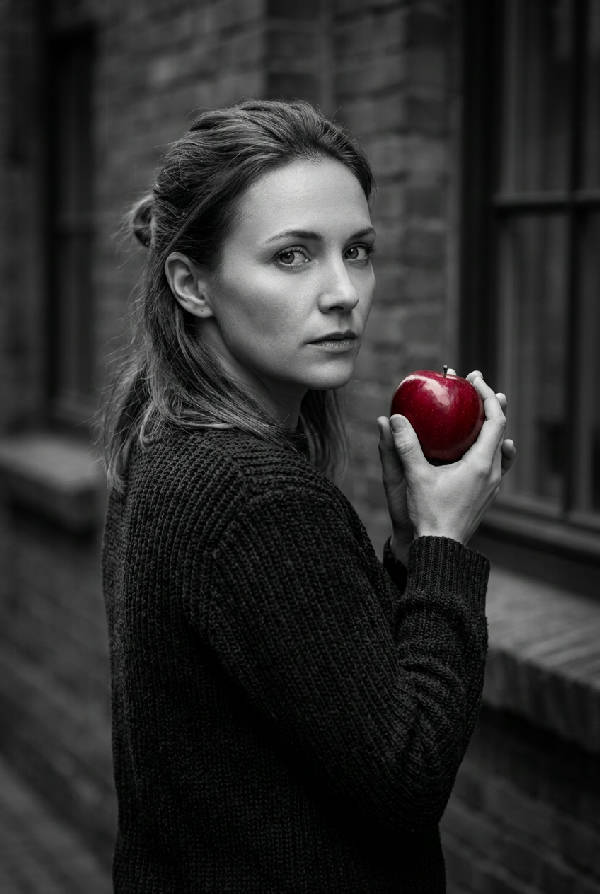 Svartvit fotorealistisk bild av en kvinnlig modell som håller ett rött äpple och tittar bakåt över axeln mot kameran