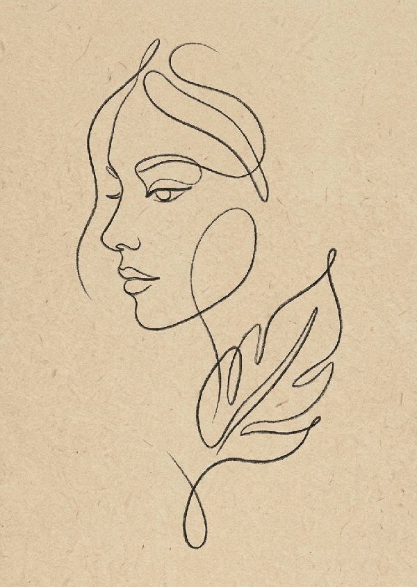 Vertikal minimalistisk line art-illustration med abstrakt ansikte eller organisk form på ljus bakgrund. Rena linjer och enkel design.