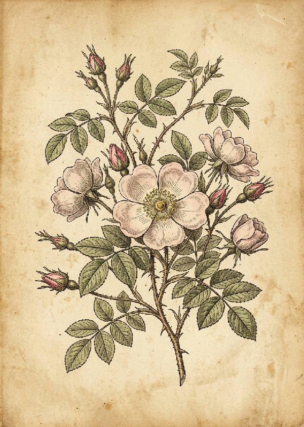 Detaljerad vintage illustration av en blommande vildros med gröna blad och knoppar, i en porträttorientering.